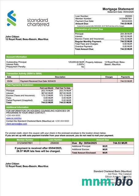 Mauritius Standard Chartered Bank (Mauritius) wyciąg z kredytu hipotecznego szablon Word i PDF